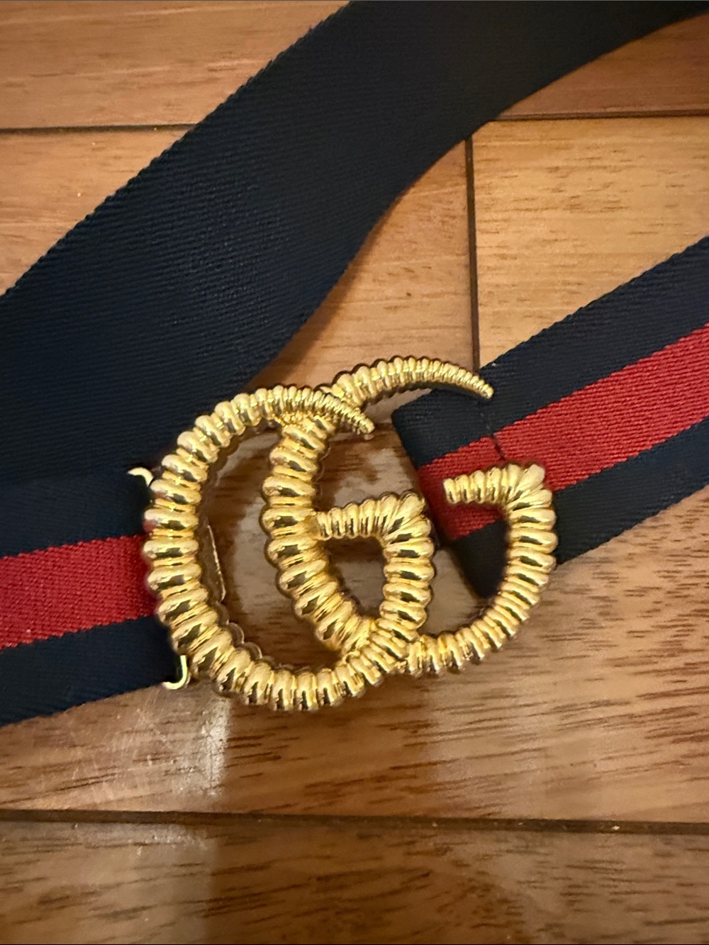 Gucci Navy and Red Elastic Belt with Gold Double G Buckle - Picture 3 of 7